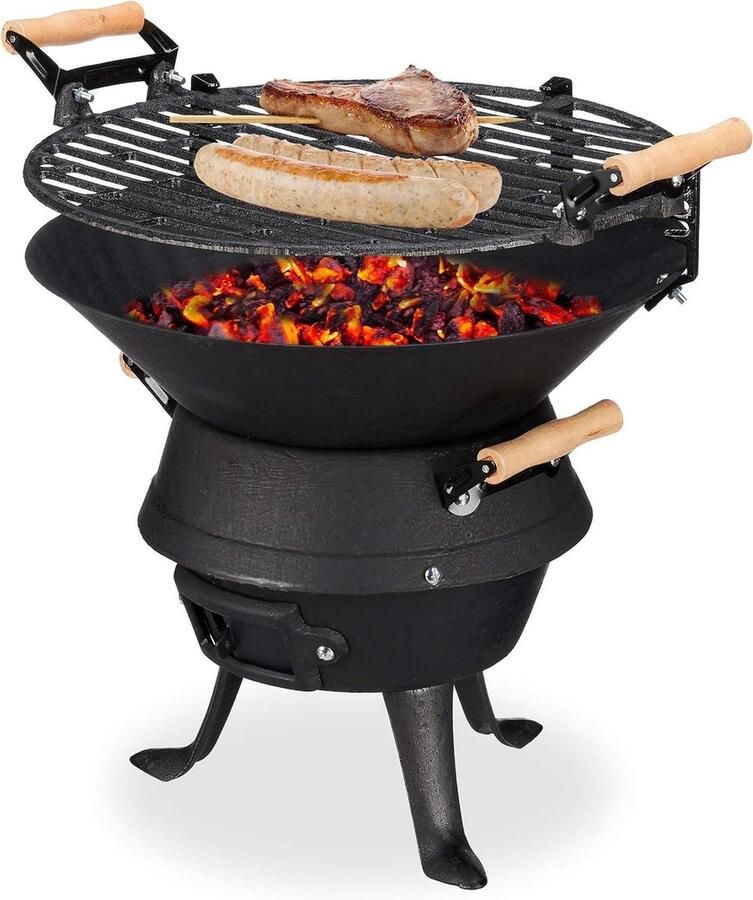 Gietijzeren houtskoolbarbecue Hoogte verstelbaar rooster Ventilatie HBD 40x45x36 cm Zwart