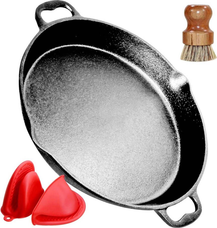 Gietijzeren Paella Grillpan 35 cm Voor Gasgrill Inductie Oven Met Handgrepen Pre-Seasoned Inclusief Borstel en Siliconen Handgrepen