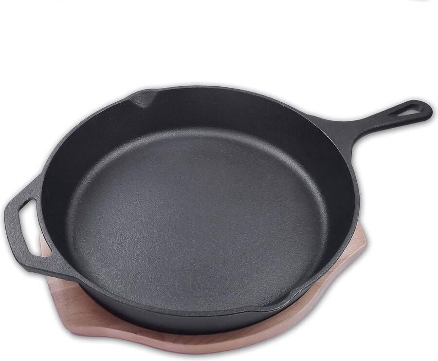 Gietijzeren pan incl. onderzetter van berkenhout & greepbescherming (Ø 31 cm) gietijzeren pan met 2 schenktuiten & 2 handgrepen krasbestendig & anti-aanbaklaag