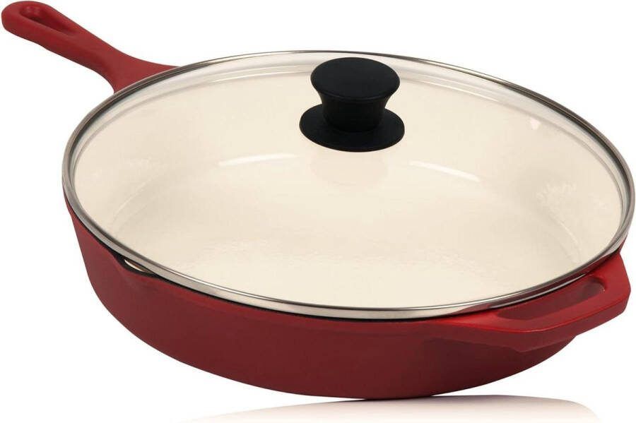 Gietijzeren pan met deksel geëmailleerd Dark Cherry Ø 295 cm hoge rand en twee schenktuiten grillpan deksel universele pan pannen