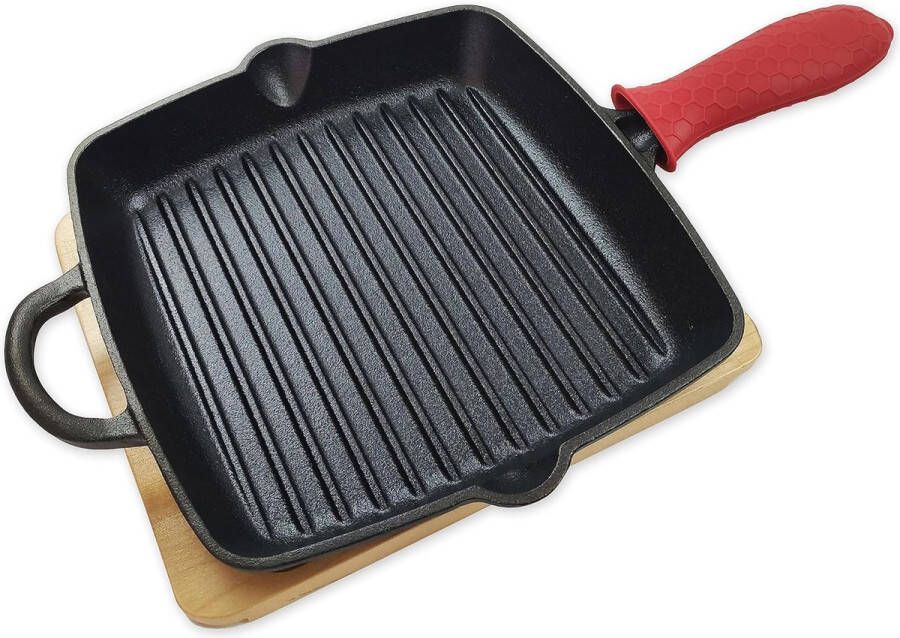Gietijzeren pangrill (Ø 31 cm) incl. onderzetter & gripbescherming grillpan gietijzeren pan barbecue Cast Iron Pan gasgrillpan