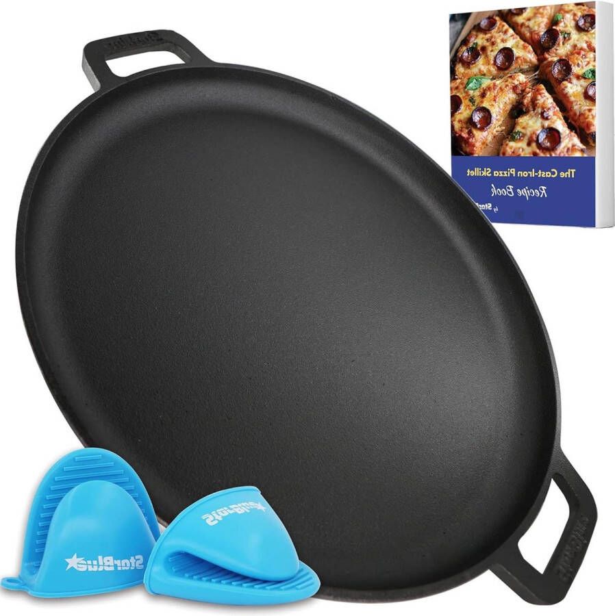 Gietijzeren Pizza Pan Ronde Bakplaat 16 Inch met GRATIS Siliconen Handvatten en 30 Recepten Ebook Pre-Seasoned Comal Keuken essentials voor Pizza Liefhebbers Bakken Grill BBQ