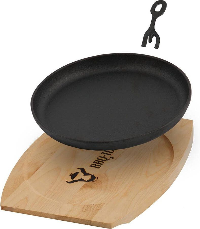 Gietijzeren serveerpannetjes met houten onderlegger (1 stuk) diameter 22 cm rond reeds ingebrand preseasoned grillpannetjes met afneembare handgreep gietijzeren pan paella pan