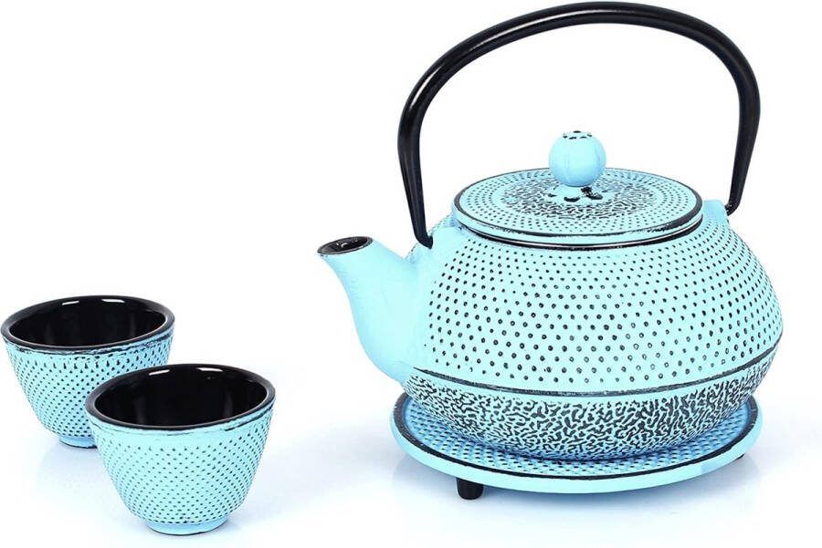 Gietijzeren theepot 0 8 l met afneembare zeef theepot met onderzetter en 2 theekopjes vintage design voor het bereiden van losse thee lichtblauw