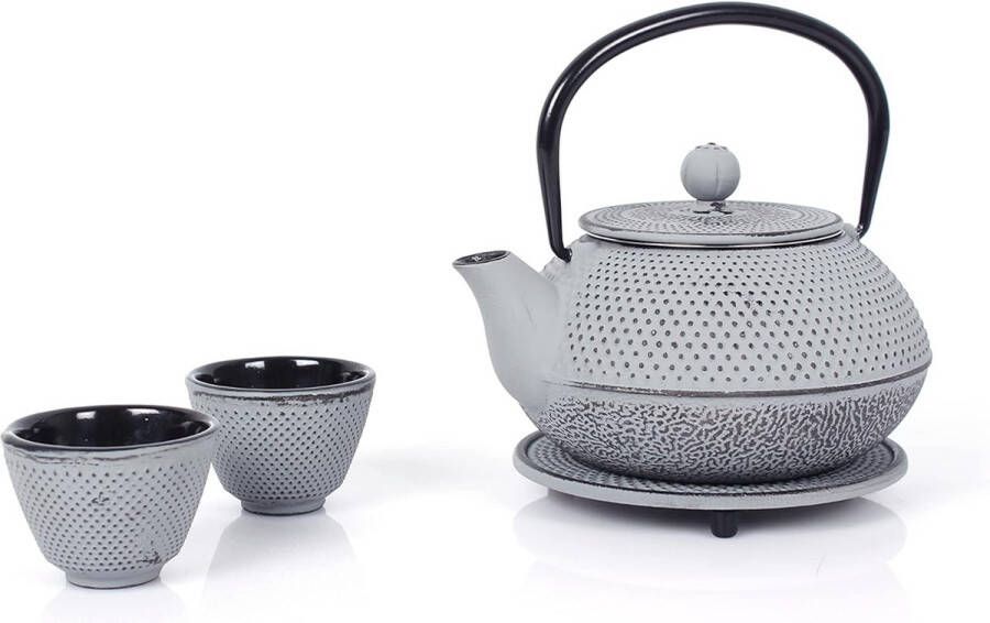 Gietijzeren theepot 0 8 l met afneembare zeef theepot met onderzetter en 2 theekopjes vintage design voor het bereiden van losse thee grijs