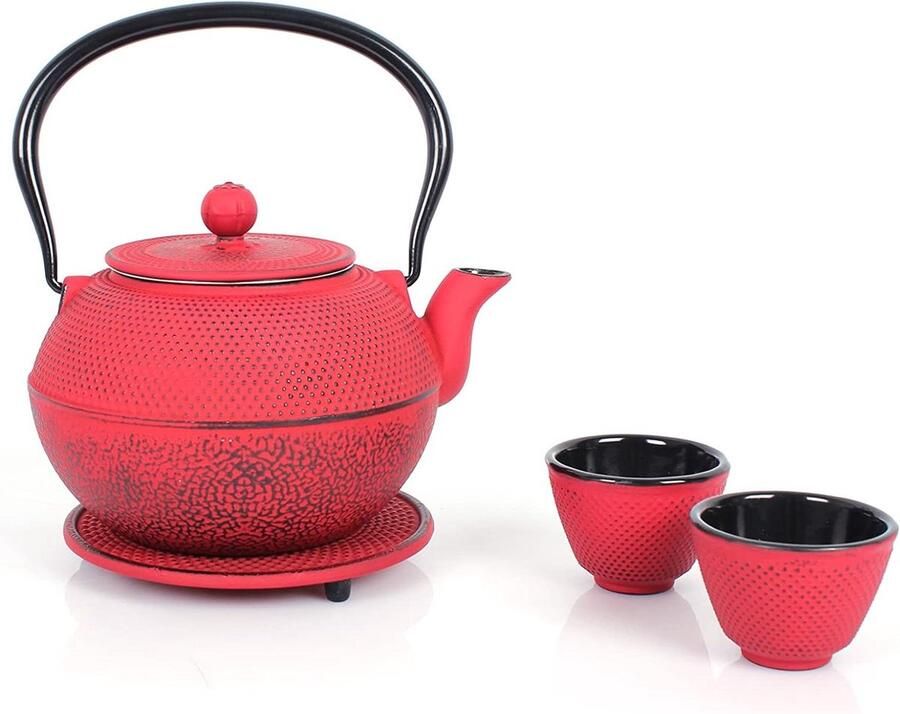 Gietijzeren theepot 11 l Afneembare zeef Theeservies met onderzetter Vintage design Losse thee Rood