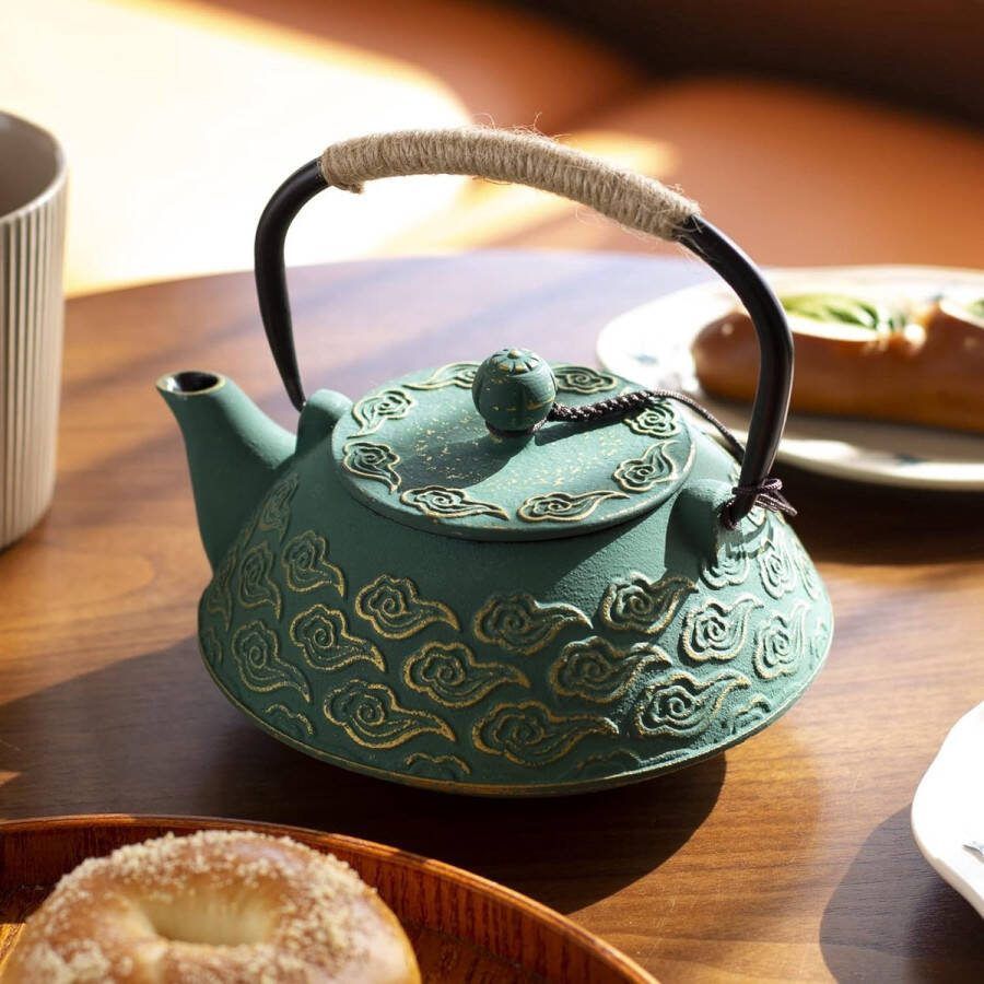 Gietijzeren Theepot Japanse Theepot met Infuser Theeketel Kookplaat Veilig Goud Gunstige Wolken Patroon 20oz 800ml Groen