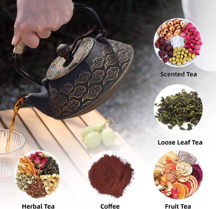 Gietijzeren theepot Japanse theepot met infuser voor los blad 800ml theeketel kookplaat veilig gecoat met geëmailleerd interieur wolkenpatroon 27oz zwart