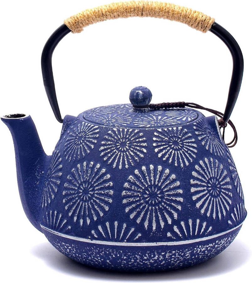 Gietijzeren theepot Japanse theepot met infuser voor losse thee grote capaciteit van 1200 ml theeketel met Sakura-design voor op het fornuis en geëmailleerd interieur Bredemeijer theepot blauw