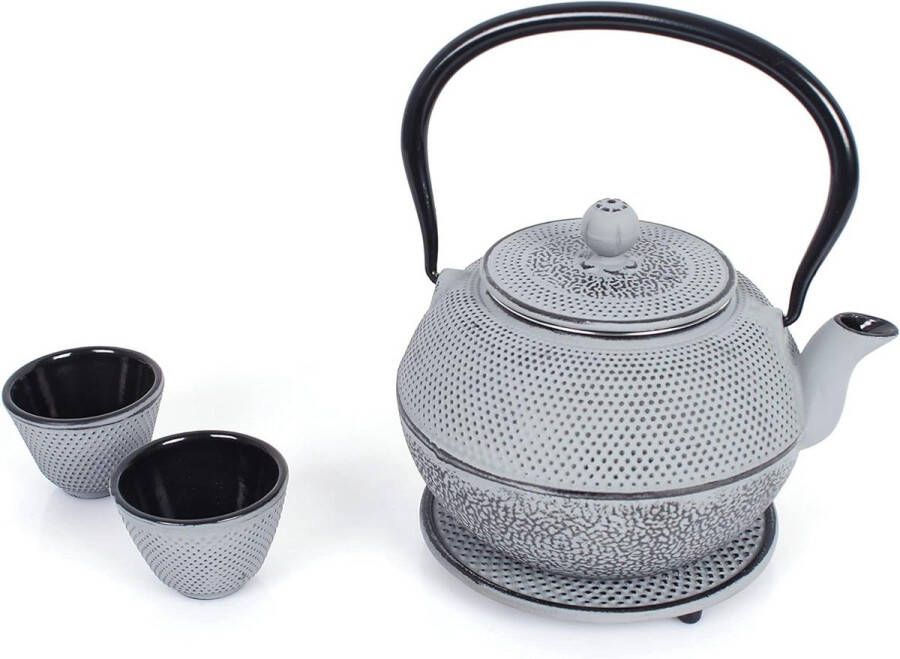 Gietijzeren theepot met afneembare zeef 11 liter inclusief onderzetter en 2 theekopjes vintage design losse thee grijs