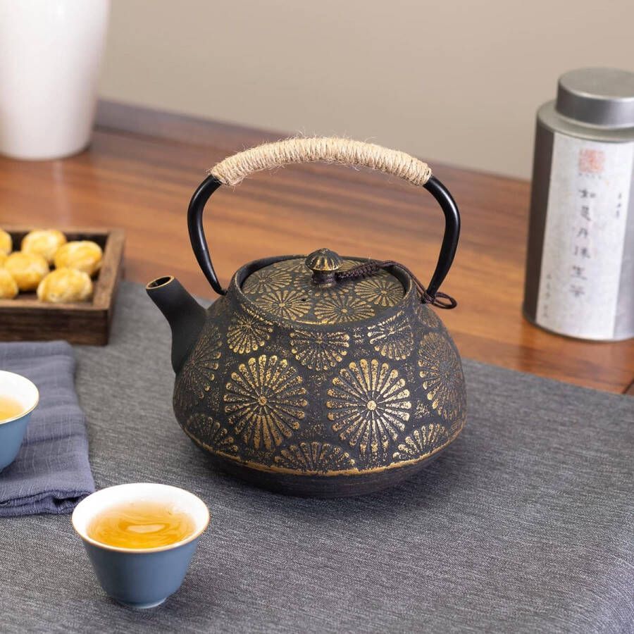 Gietijzeren theepot theeketel voor fornuis top met infuser grote capaciteit 1200 ml Sakura Design Japanse theepot voor losse bladeren bedekt met geëmailleerd interieur 44 oz zwart