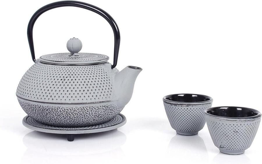Gietijzeren theeservies 0.8L theepot met afneembare zeef en onderzetter Vintage design voor losse thee Grijs