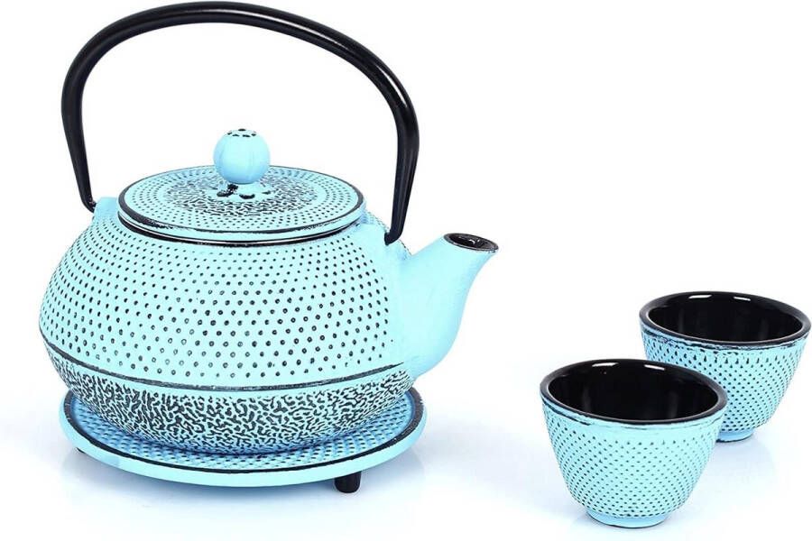 Gietijzeren theeservies theepot 0.8L afneembare zeef onderzetter vintage design losse thee lichtblauw