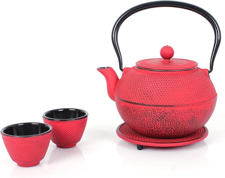 Gietijzeren theeservies theepot 1 l met afneembare zeef theemaker met onderzetter en 2 theekopjes set in vintage design voor het bereiden van losse thee rood