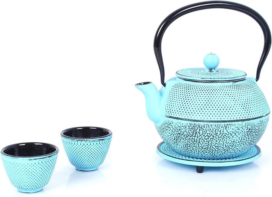 Gietijzeren theeservies theepot 1 liter met verwijderbare zeef theemaker met onderzetter vintage design theepotset voor het maken van losse thee lichtblauw