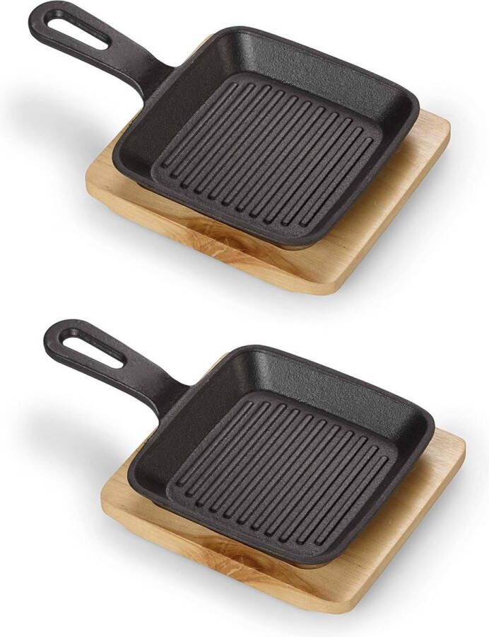Gietijzeren vierkante serveerpan ovenschaal met serveerplank grillstrepen ingebrand oven barbecue inductie serveren 2-delig