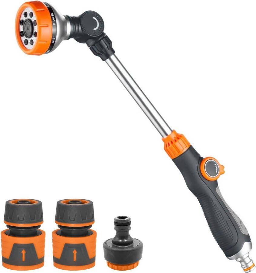 Gietstaaf tuinsproeier tuinslang sproeier 47 cm voor irrigatie en reiniging 8 spuitpatronen verstelbare tuinsproeier met 2 slangaansluitingen 1 2 inch en 1 sproeier