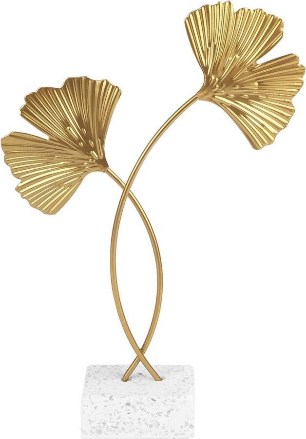Ginkgo blad metalen sculptuur Ginkgo Biloba ornamenten met voet minimalistische decoratieve abstracte sculptuur moderne bladsculptuur voor thuiskantoor haltafel en bureau (28 x 14 cm goud)