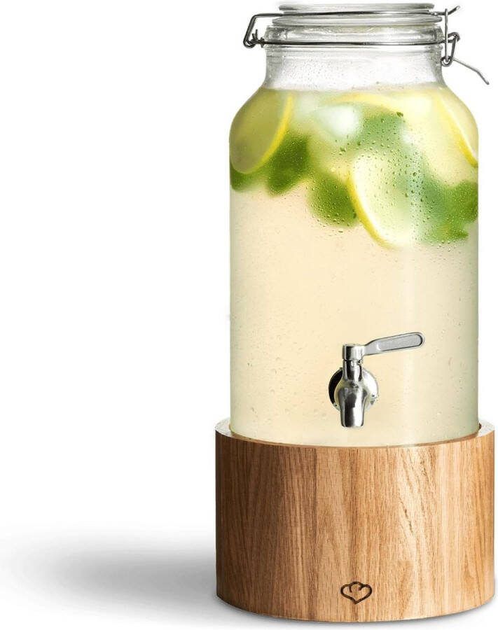 Glas drankdispenser Greta en met roestvrij staal tapkraan staat van eikenhout frisdrank dispenser met Kraantje