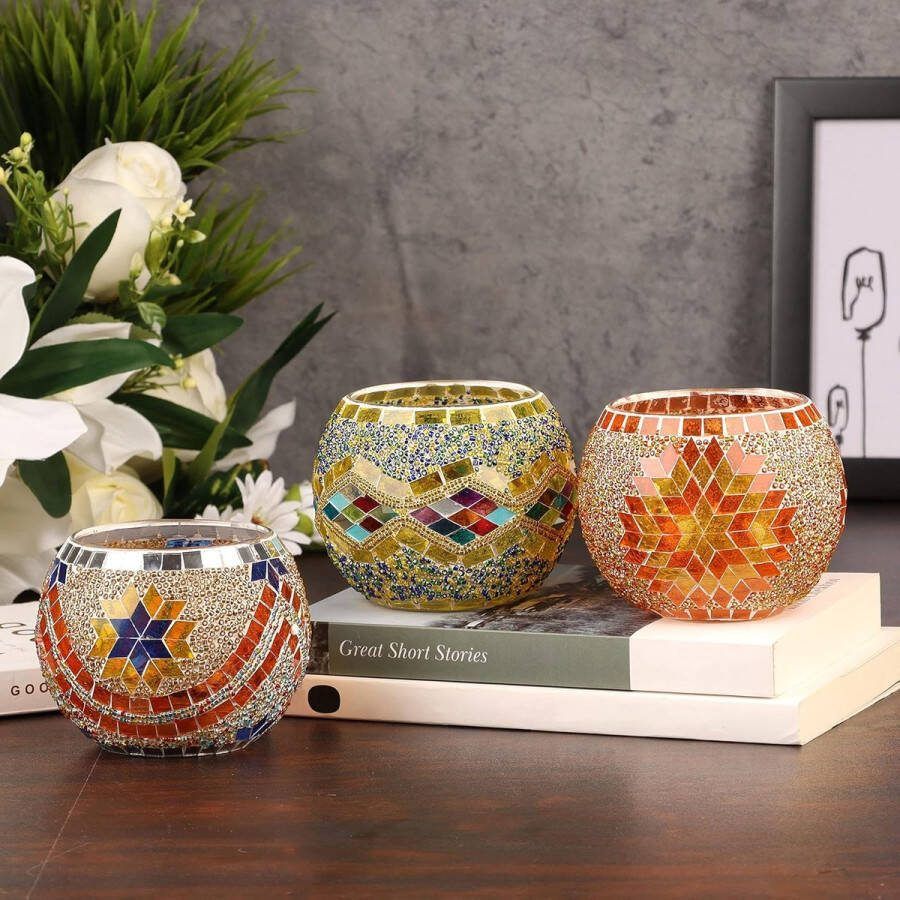Glas in Lood Votief Theelichten & Kandelaar Set (3 Pak) B10 2 x H7 8 cm Mozaïek Ronde Kopstukken Huis Ornament Bruiloft Tafel Decoratie & Aromatherapie Geschenk