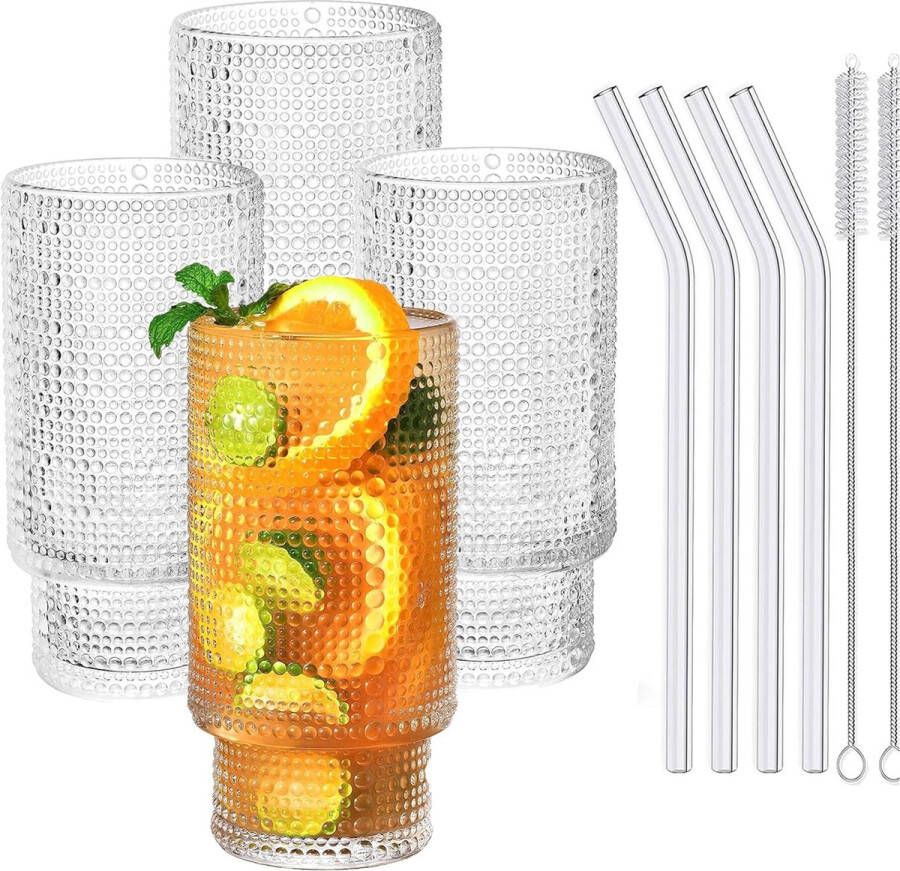 Glas met rietje vintage drinkglazen koffieglas regendruppels romantische cocktailglazen longdrinkglazen 310 ml ijskoffiebekers glazen set van 4 glazen bekers voor koffie cocktail smoothie