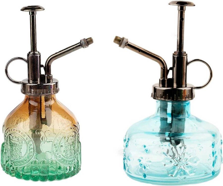 Glas Watering Spray Fles Vintage Spray Fles Glas Plant Mister Plant Mist met Bronzen Plastic Bloem Gieter Plant Spray Fles voor Tuinplanten Reiniging Groen Blauw 2 STKS
