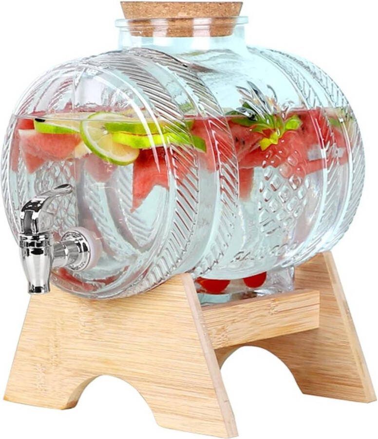 Glass Drink Dispenser with Tap and Wooden Stand 1 3 Litre Decanter Water Dispenser for Wine Whisky Brandy Juice Lemonade
