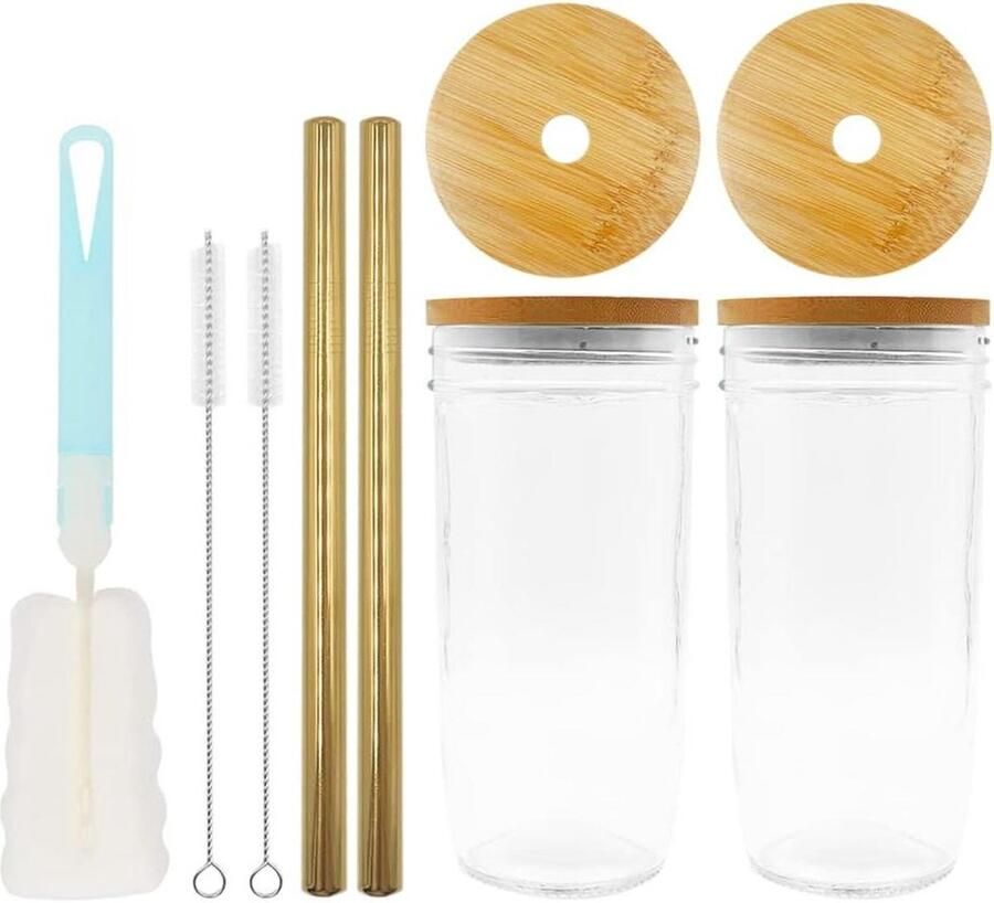 Glazen bekers Herbruikbaar drinken 2 st Bamboe Deksels 24 oz Bier Glazen ijskoffie smoothie sappen