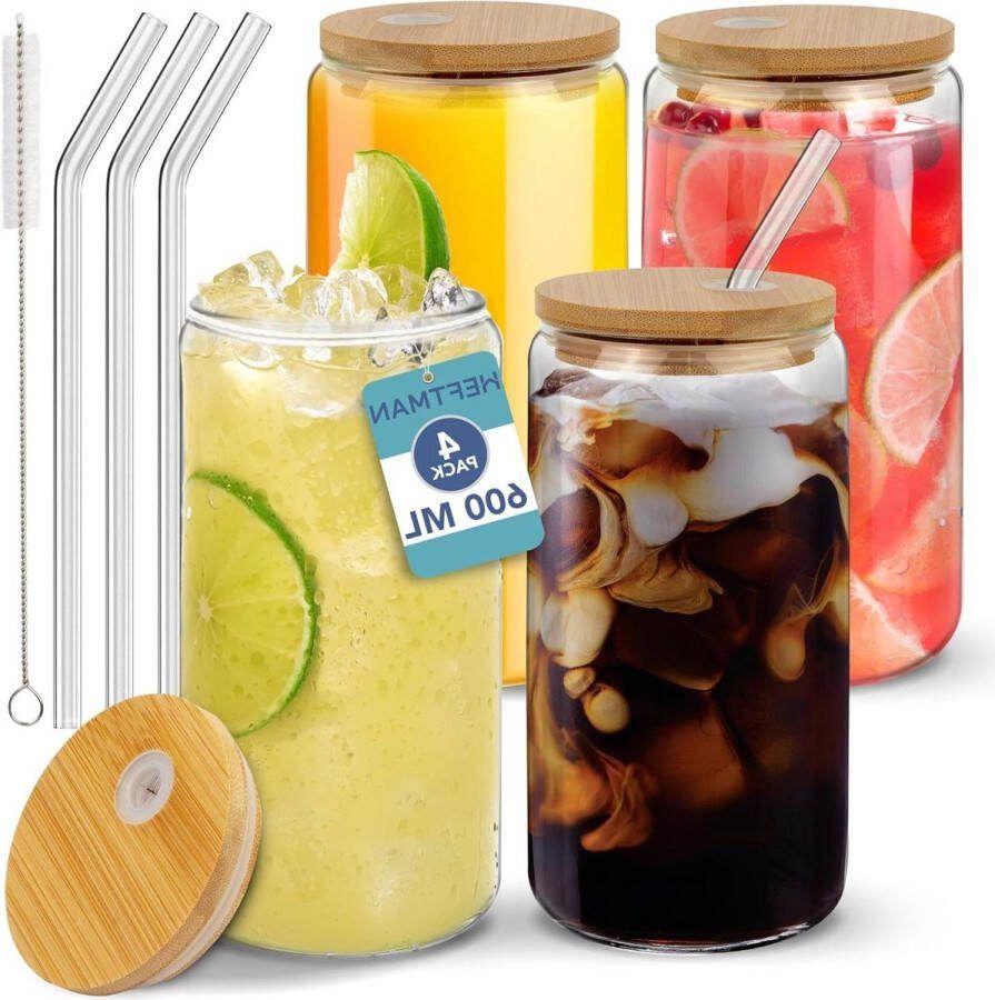 Glazen bekers met deksels 4 lege 600 ml blikvormige glazen bamboe deksels glazen rietjes rietreinigingsborstel ijskoffieglas smoothies bier