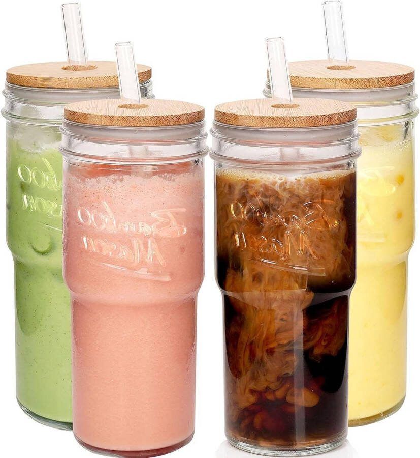 Glazen bekers met deksels en rietjes set van 4 680 ml reiskoffiemok brede mond Mason Jar Iced Coffee Cup Smoothie Cup Glas Tumbler Thee Cup Clear Leuke Water Cups Drinken Potten Glazen