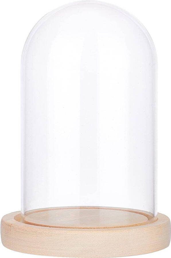 Glazen bel met houten vloer 16 5 cm hoog transparante glazen doos Dome Cloche glas display halfrond helder decoratieve vitrine met dienblad voor Valentijnsdag eeuwige roos