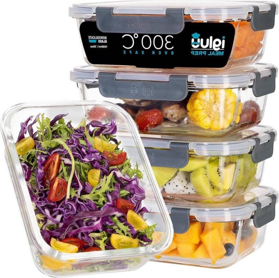 Glazen bewaardozen met deksel Herbruikbare maaltijdprepkcontainers Geschikt voor magnetron oven vriezer vaatwasser Lekvrije voedselcontainers Groot formaat (1050ml 36oz) Meal prep bakjes