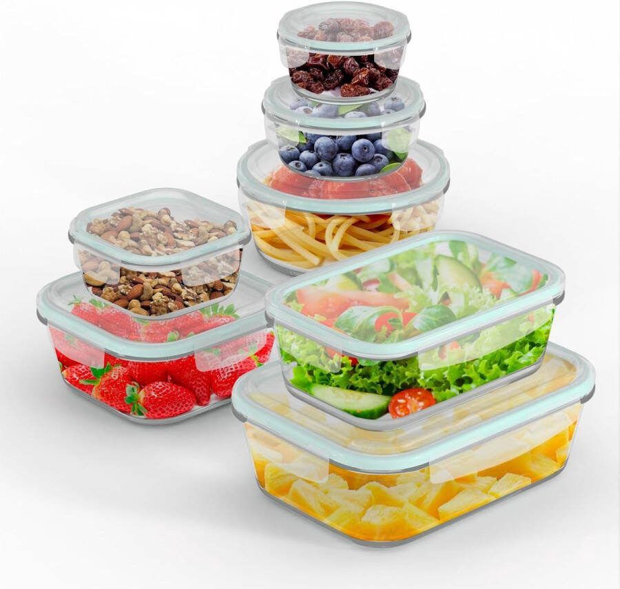 Glazen containers met deksel 14 stuks (7 containers + 7 deksels) voedselbewaarcontainers voorraadcontainers set transparant eersteklas BPA-vrij