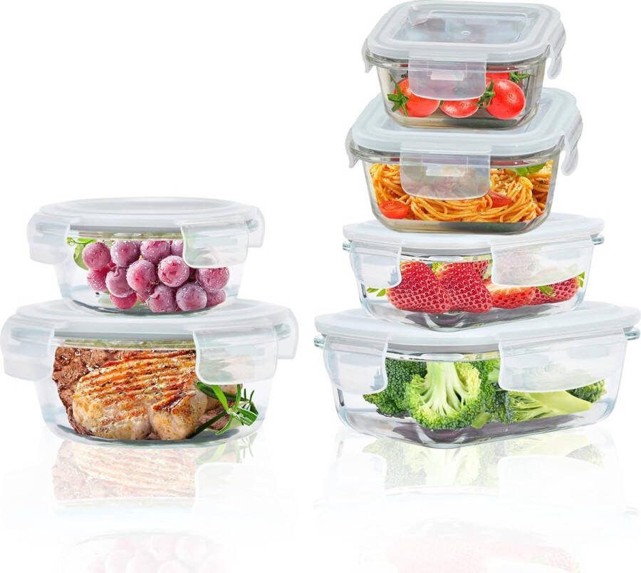 Glazen containers met deksels 6-pack luchtdichte voedselopslagcontainers met deksels BPA-vrij voor voedsel en lekvrije voedselopslagcontainers Glas met deksels voor oven vriezer grijs