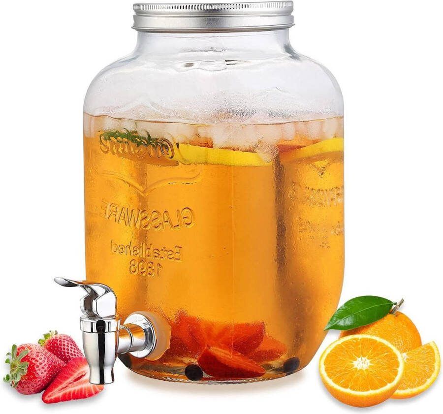 Glazen drankdispenser 3.8L lekvrije roestvrijstalen kraan brede opening roestvrijstalen deksel vers houden cocktail limonade