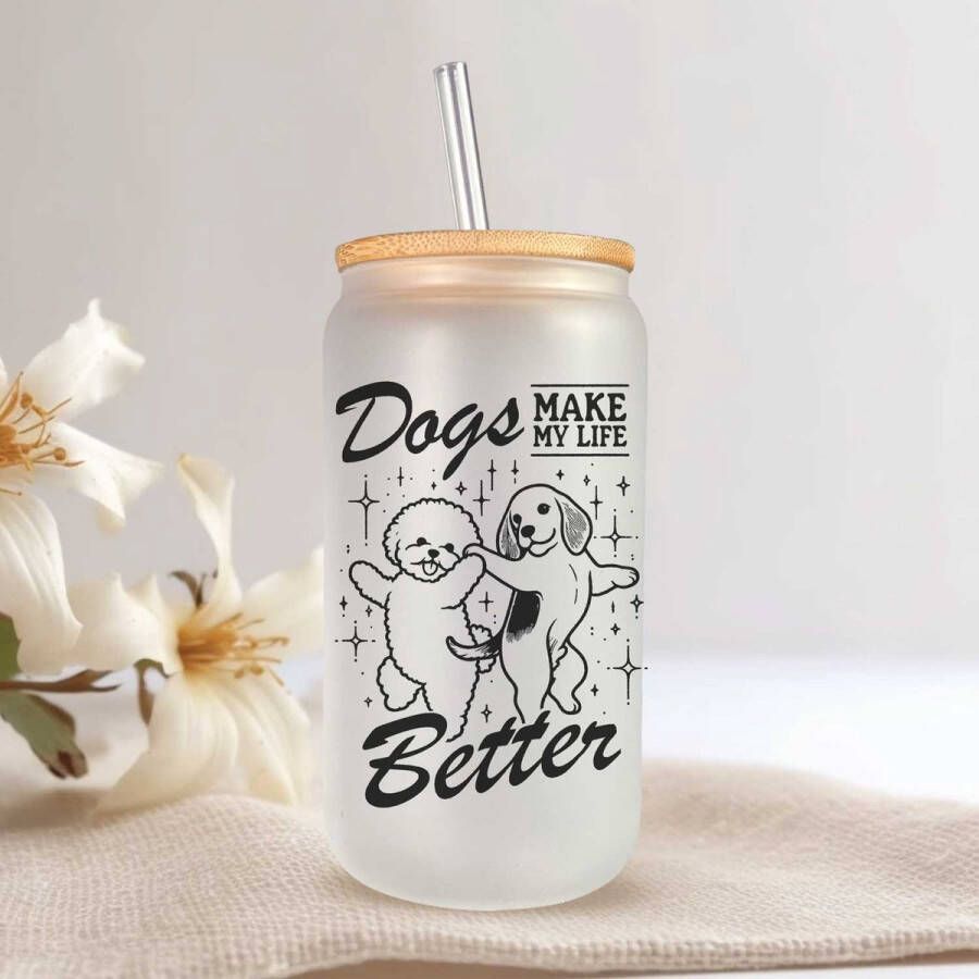Glazen Drinkbeker met Rietje en Deksel Longdrinkglazen Ideaal voor water cocktail whiskey frisdrankglazen 500ml ijskoffie beker Blikvormige glazen bekers Beer Can cocktailglazen Honden Matcha Ijskoffie glas Drinkbeker