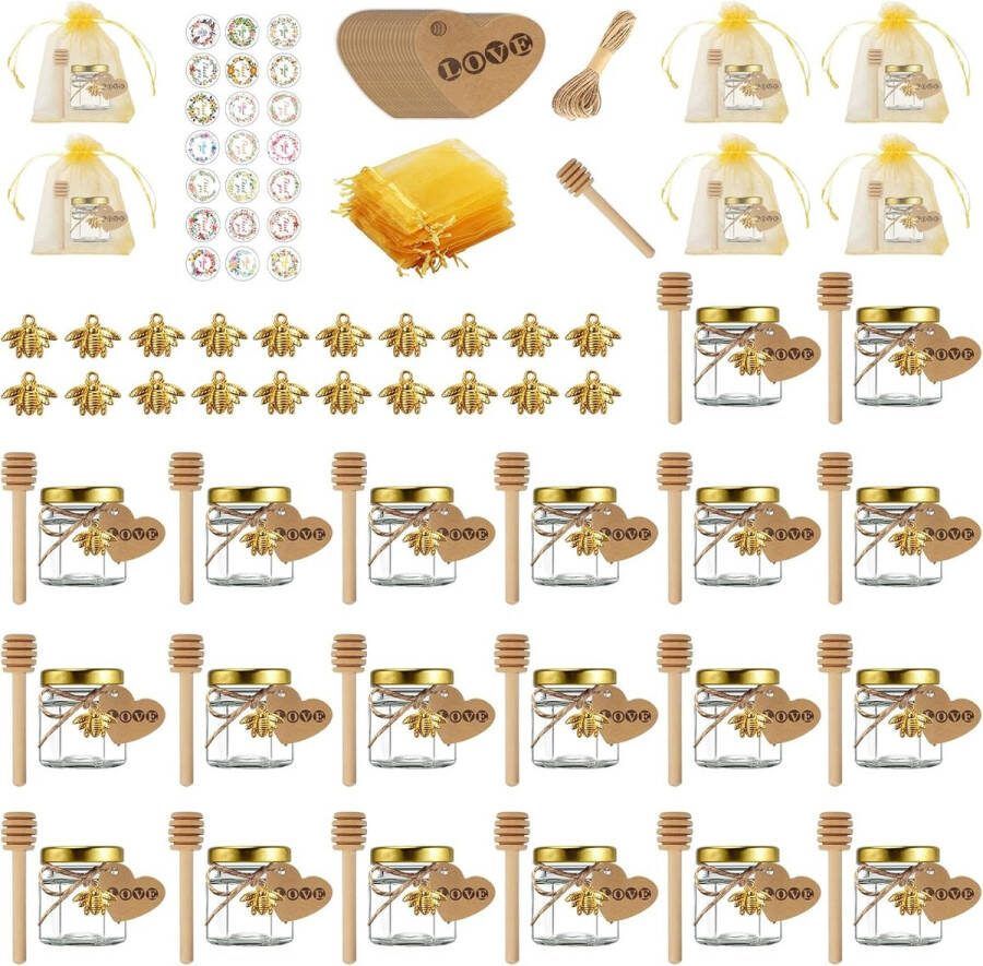 Glazen Honingpotten(20-Pack) Zeshoekige Mini-Glazen Honingpotten Glazen Honing Container Mini Glazen Honingpotten Jampotten met Houten Lepels Gouden Deksels Geschenkzakje Sticker