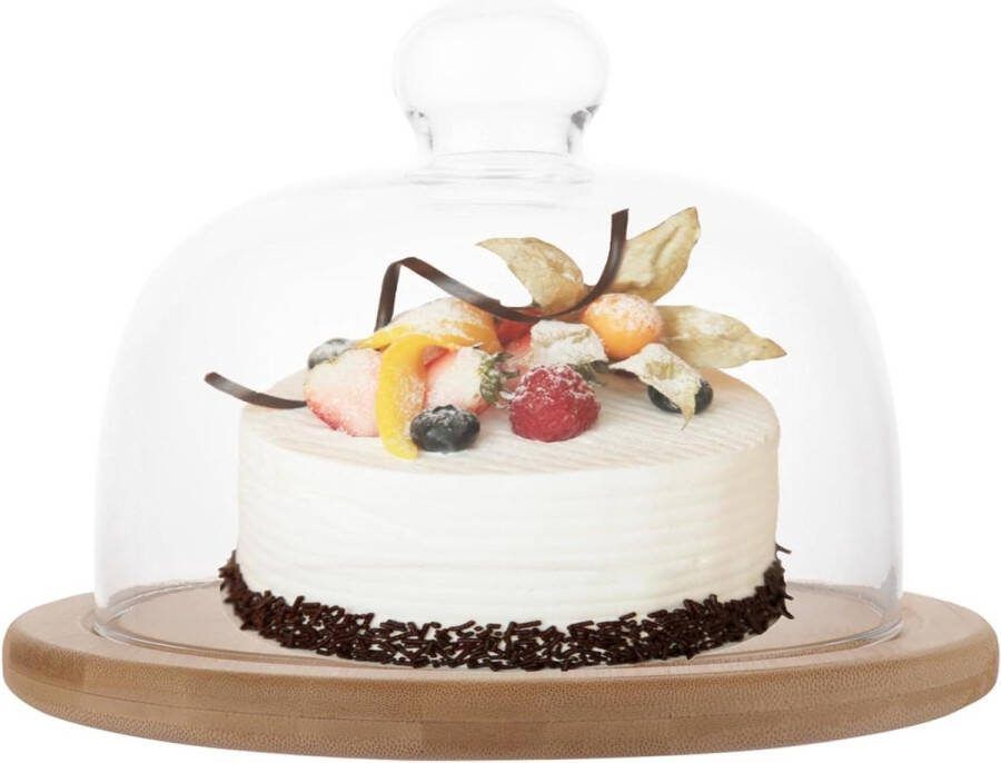Glazen kaasklok 18 cm houten dienblad taartplateau met deksel kaasplaat taartbel glas cake desserts fruit sandwiches brood kaasstolp