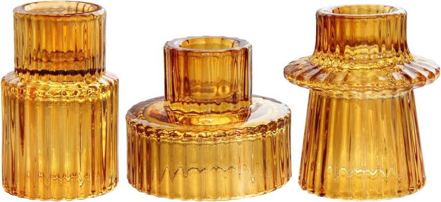 Glazen kandelaar 2-in-1 theelichthouder kaarsenhouder taper kaarsen voor diner bruiloft vakantie verjaardag huisdecoratie Kerstmis (3 stuks barnsteen)