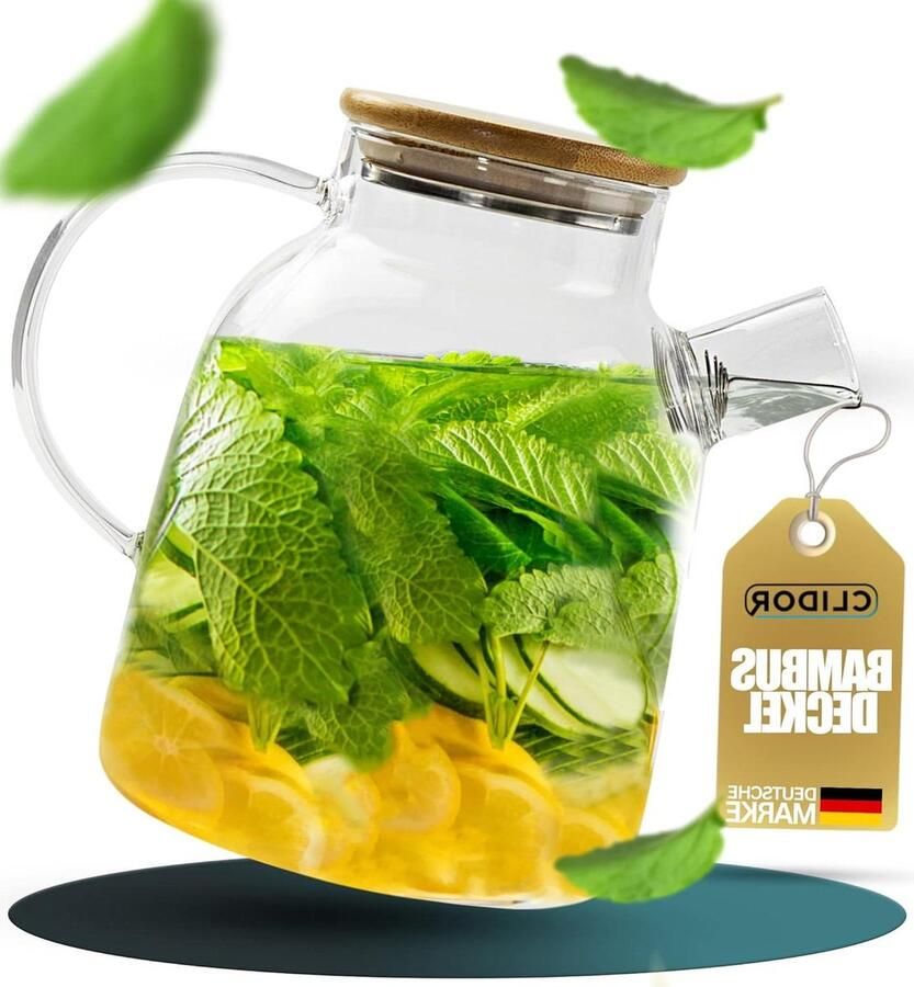 Glazen karaf 16 liter bamboe deksel druppelvrije schenktuit waterkan met filter robuust glas