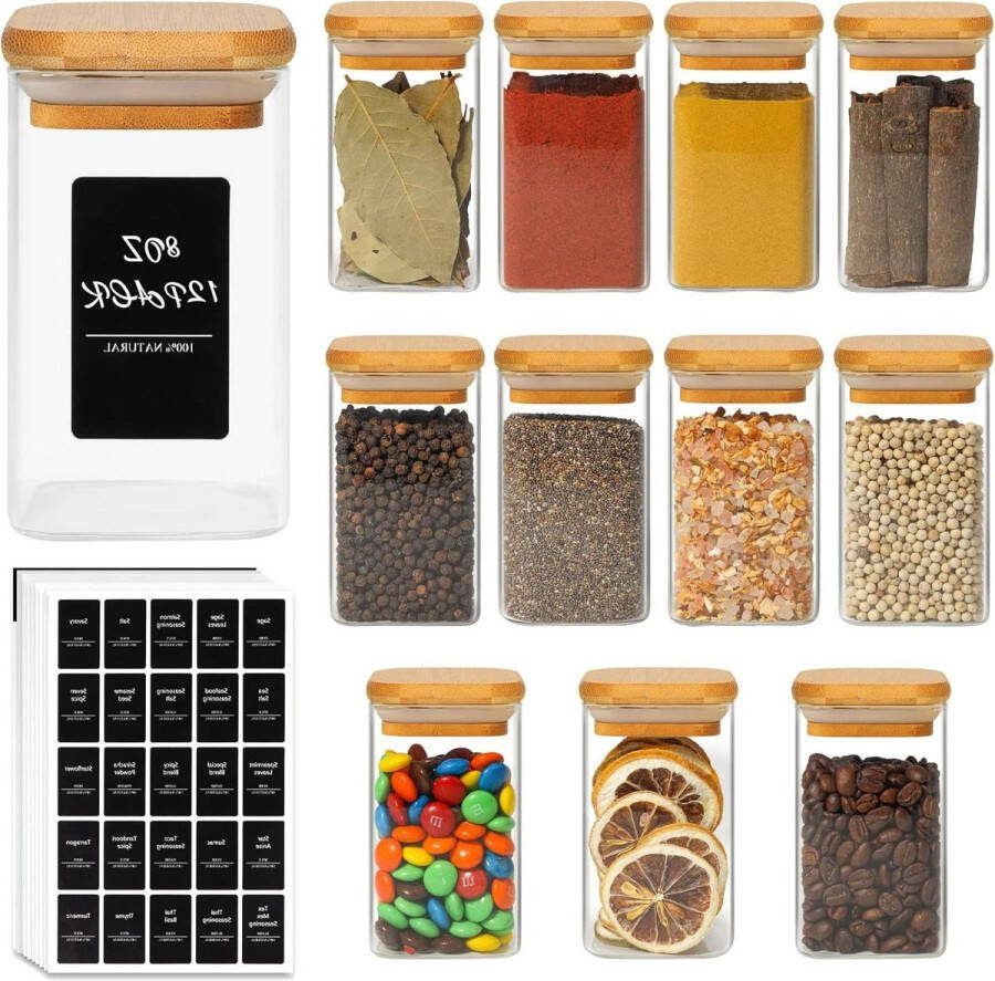 Glazen kruidenpotjes met bamboe deksels 12 stuks 250 ml vierkante glazen voorraadpotten 275 zwarte etiketten luchtdicht specerijen opslagcontainers Kruidenpotjes vierkant