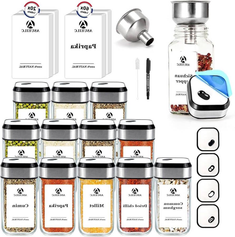 Glazen kruidenpotten met deksels en etiketten 120 ml kruidenshaker schroefsluiting set van 12 inclusief 60 Engelse etiketten 20 vierkante doe-het-zelf etiketten kruidenpotjes vierkant