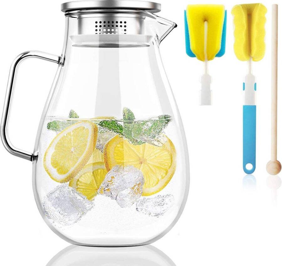 Glazen kruik 20 liter koelkast kan 64 oz karaffen 304 Stanless Still Deksel met Filter Warm Koud Iced Water Wijn Koffie Melk Thee Sap Drankfles Roer Stick en Borstel (2000ml) Milk Jug Kit