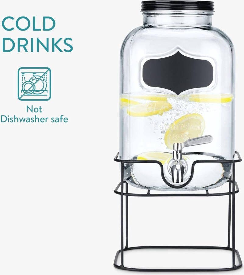 Glazen limonadetap met kraantje 5L Drankdispenser met zwarte metalen standaard Sapdispenser Voor koude dranken