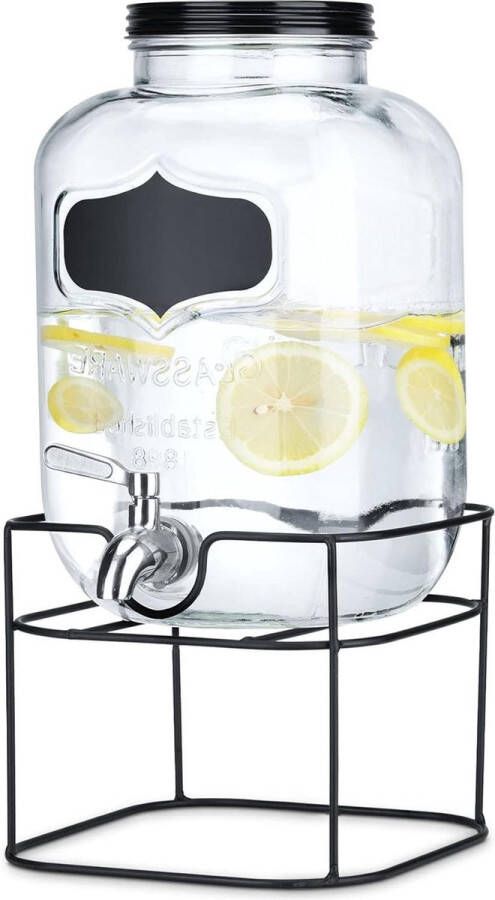 Glazen limonadetap met kraantje 5L Drankdispenser met zwarte metalen standaard Sapdispenser Voor koude dranken Navaris