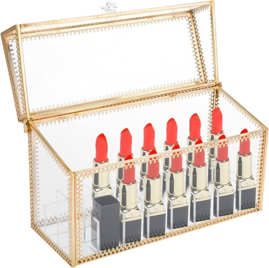 Glazen Lipstick Organizer met Deksel 24 Lipstick Houder Opbergdoos Vintage Messing Helder Stofdicht Cosmetische Make-up Display voor Lipstick Lipgloss Glazen Lipstick Organizer