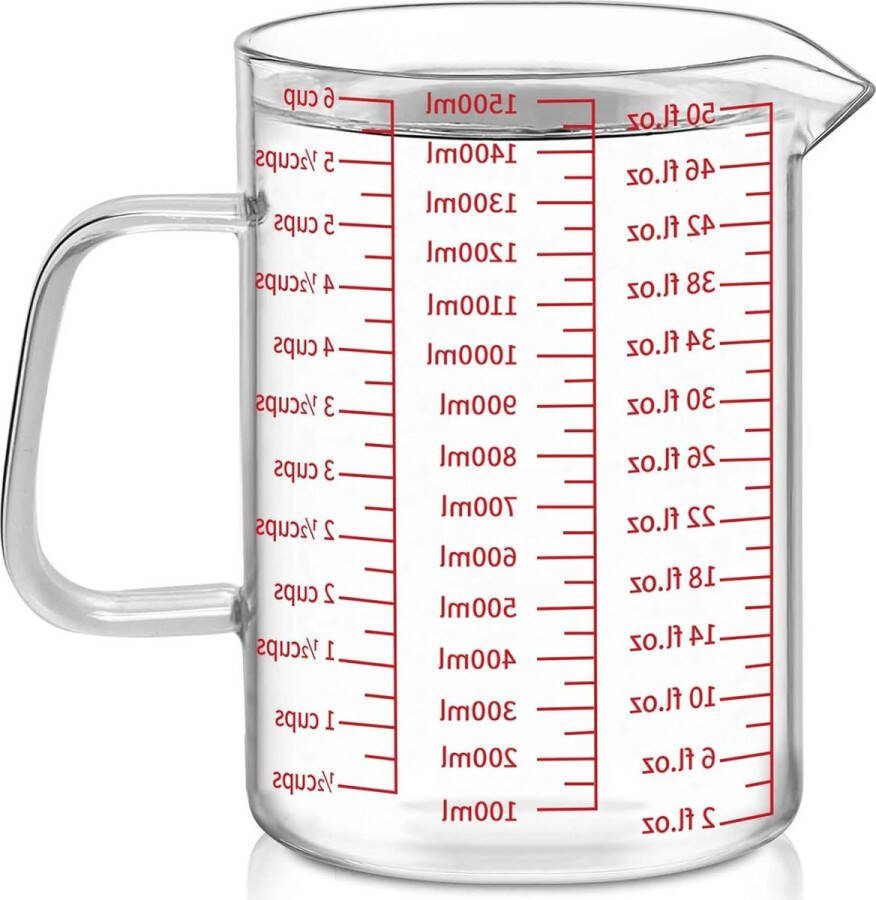 Glazen Maatbeker 50oz 6 Kopjes Gemakkelijk af te lezen Ml Oz Kop Geïsoleerd Handvat V-vormige Tuit Hoog Borosilicaat Ideaal voor Keuken Restaurant