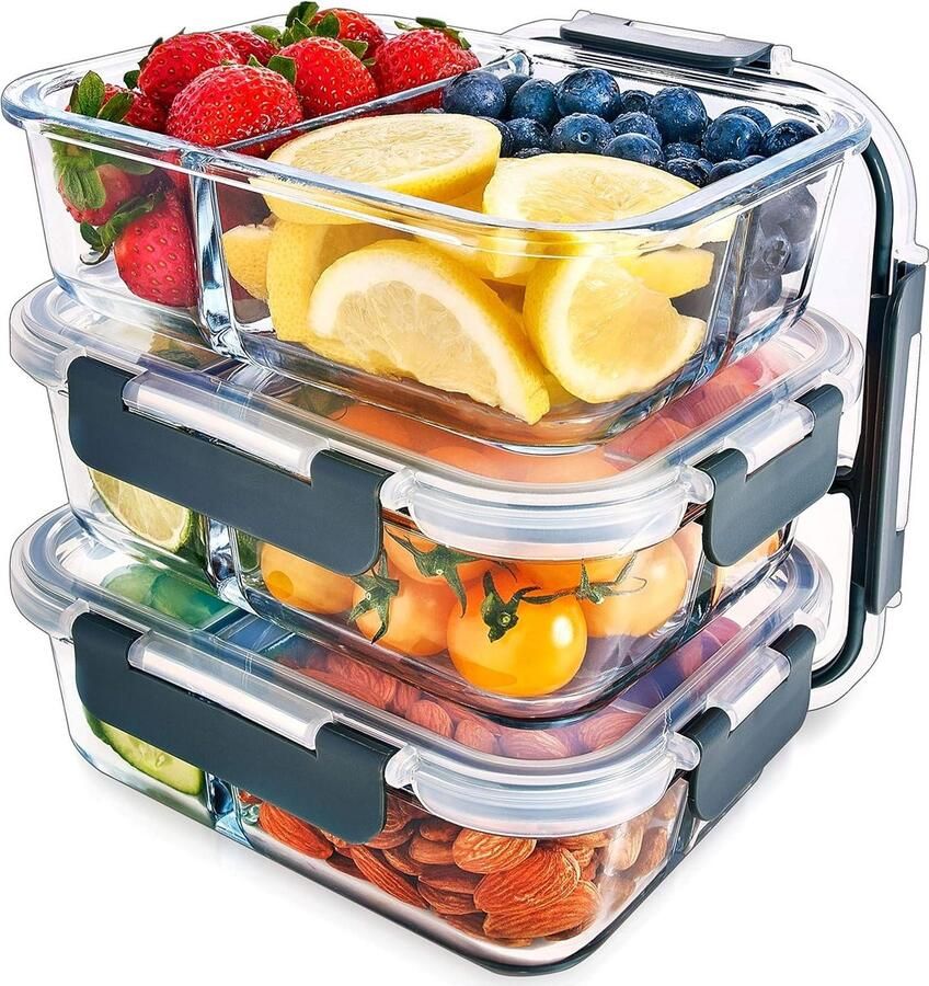 Glazen Meal Prep Containers 3 Compartimenten Luchtdichte Kliksluiting Deksels BPA Vrij Magnetron Vriezer Vaatwasserbestendig Portie Controle Vershoudbak Set van 3 Meal prep bakjes