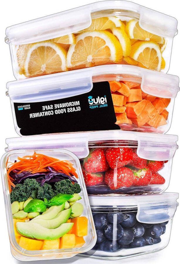 Glazen Meal Prep Containers Transparante Luchtklep Deksels Luchtdicht Portie Controle Voedsel Vershoudbak BPA Vrij Magnetron Vriezer Vaatwasserbestendig 5 Stuks + 1 Extra Deksel