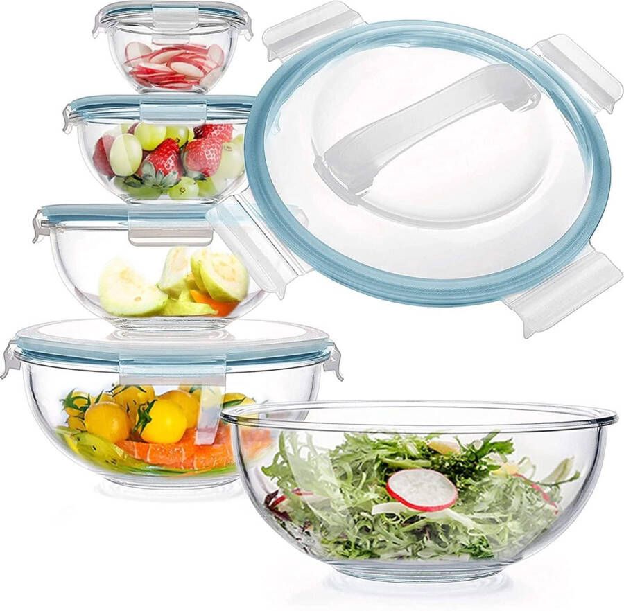 Glazen Mengkommen Set van 5 Glazen Kommen Met Deksels Ruimtebesparende Nesting Kommen Antislip Salade Kommen BPA-vrij voor het Combineren van Opslag Koken